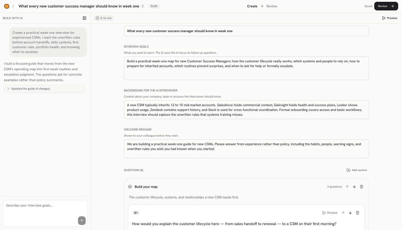 The Nuggetz interview builder: an AI chat beside an editable guide of goals, background and questions.