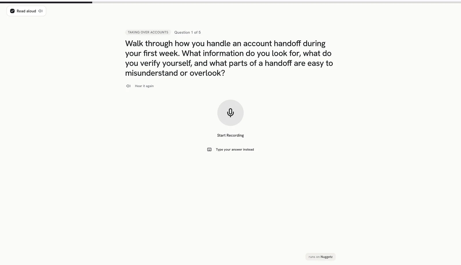 The respondent view: one question, a read-aloud control and a microphone.