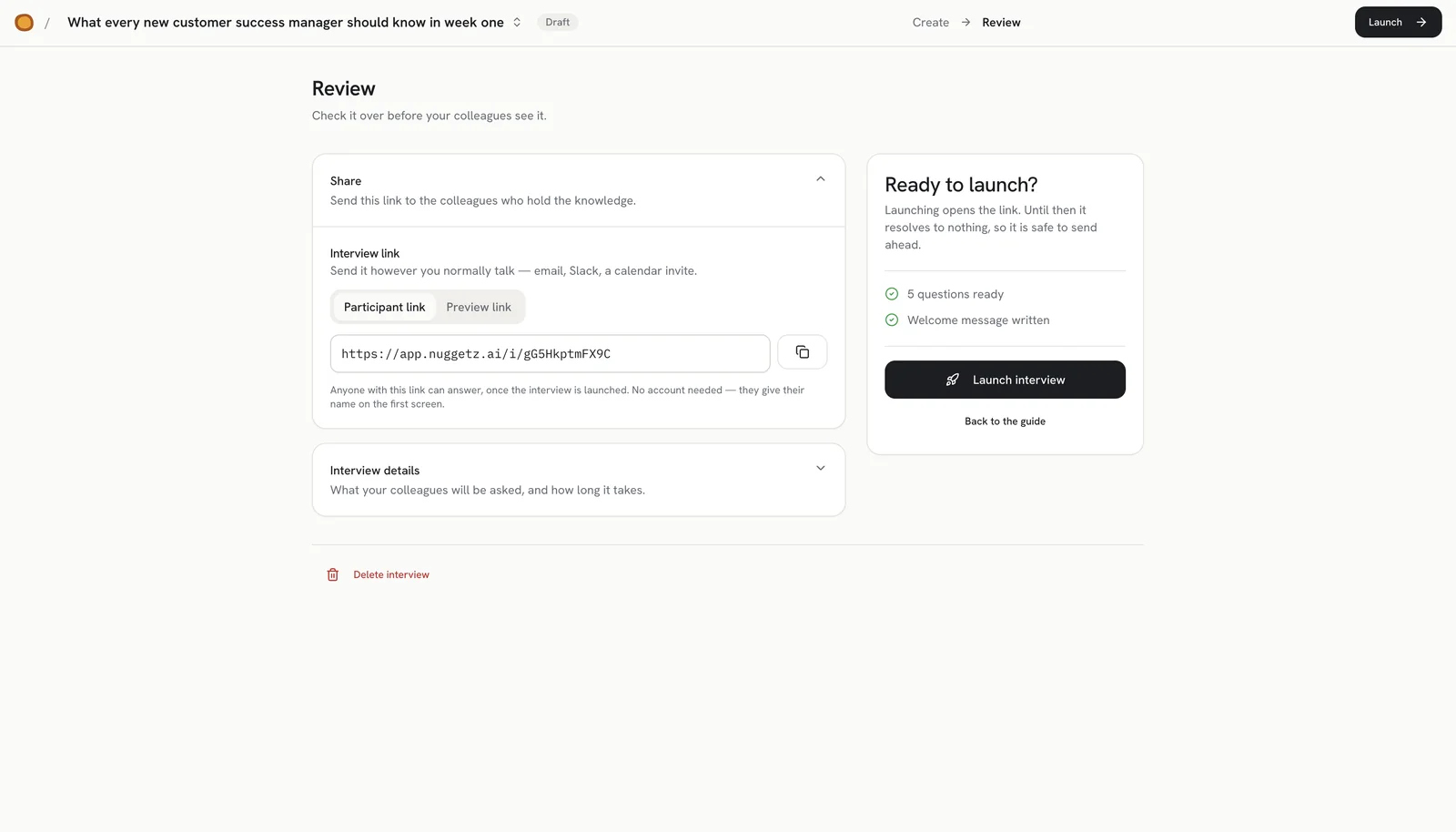 The review step before launch, with the participant link ready to copy.