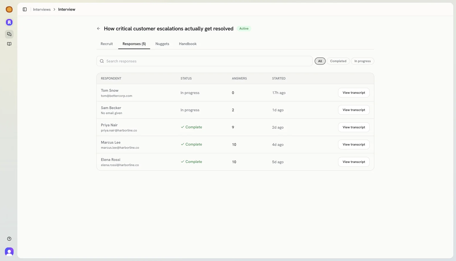 The responses tab, listing five colleagues with their status and answer counts.